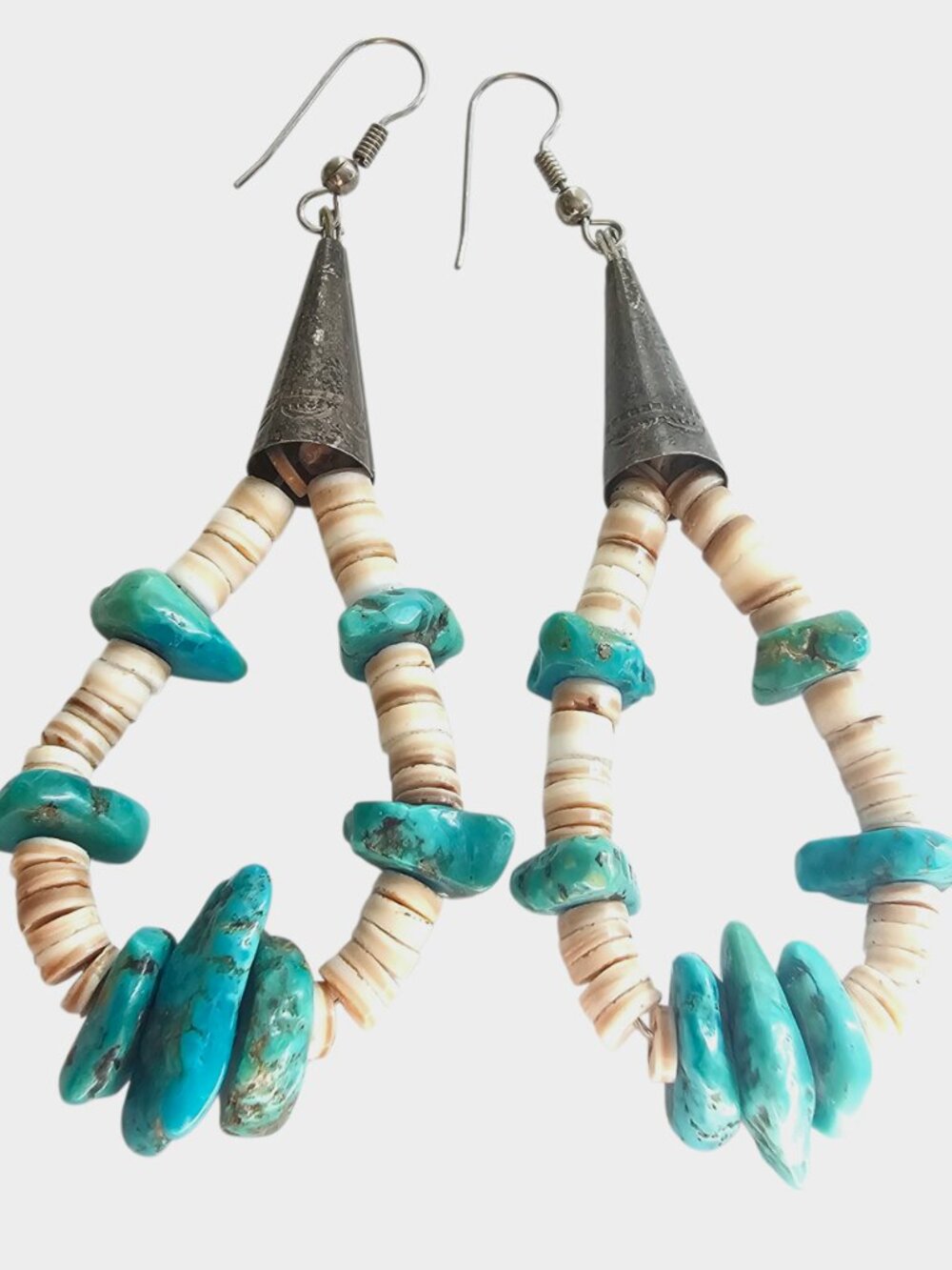 Vintage Navajo Style Turquoise & Shell Heishi Hoop Earrings  Cones